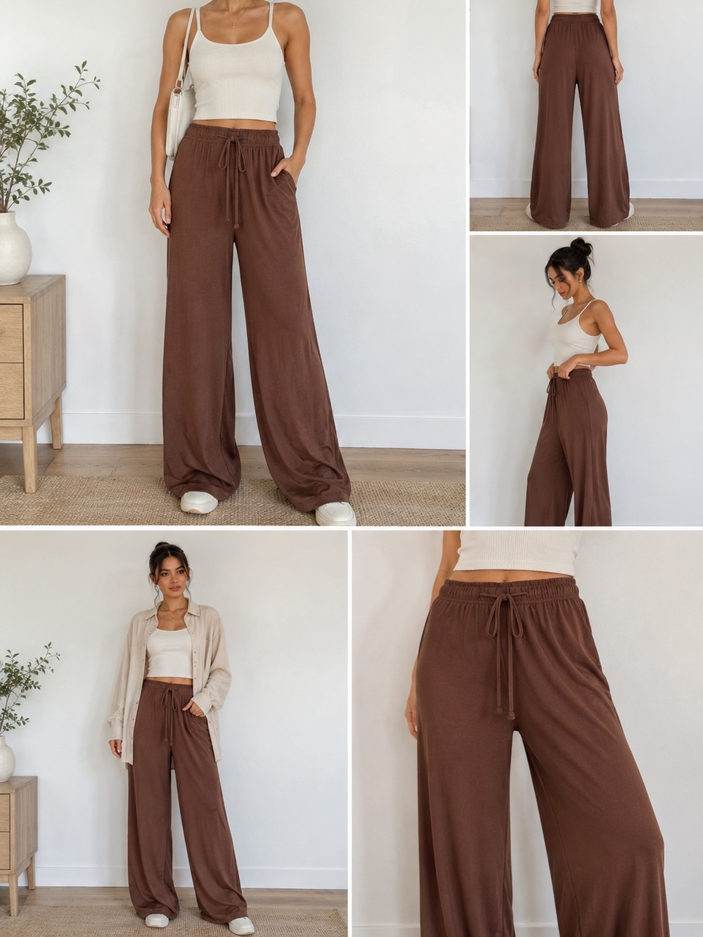 Brown Wide Leg Lounge Pants XS Soft Minimalist Drawstring Pants - Picture 2 of 5